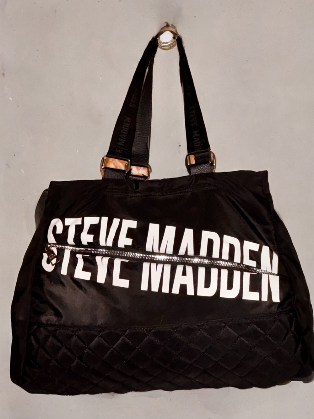 Steve Madden Black Nylon Quilted Duffel with Bold Logo